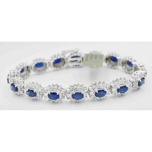 Genuine 6.88 Cts Blue Sapphire & Genuine 2.60 Cts Diamond Bracelet 10k Gold